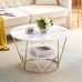 Round Coffee Table, 80 x 45 cm White Gold Faux Marble Table with 2 Tier Storage for Home, Living Room (White Gold)