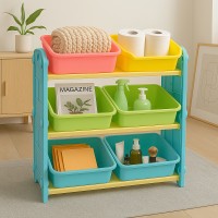 9-Bin Multi-Purpose Storage Organizer with Colorful Plastic Bins – Versatile Kids Playroom Rack for Toys, Books, Clothes – Organizer Shelf for Bedroom, Nursery & Daycare