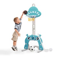 4 In 1 Kids Basketball Stand Sport Activity Set with Golf, Football, Ring Toss, Adjustable Height for 3 to 6 Years Old (UFO)