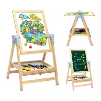 Wooden Art Easel Double-Sided Whiteboard & Chalkboard Adjustable 360°Rotating Drawing Board with Art Supplies for Kids - T120