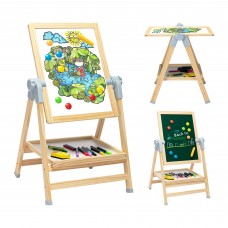 Wooden Art Easel Double-Sided Whiteboard & Chalkboard Adjustable 360°Rotating Drawing Board with Art Supplies for Kids - T120