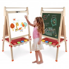 Wooden Art Easel Double-Sided Whiteboard & Chalkboard Adjustable Standing Easel with Paper Roll Holder, Letters, Numbers, Magnets, Accessories for Kids - TB125