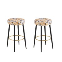 2-Piece Modern Upholstered Bar Stools Set with Gold Footrest, Black Metal Legs, and Tropical Leaf Pattern Seat – 25.2” Counter Height Stools for Kitchen Island, Dining Room, or Bar Model W370P149794