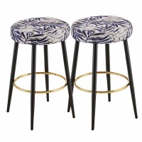 2-Piece Modern Round Counter Stools Set with Gold Footrest, Upholstered Padded Leaf Pattern Seats, 25" Height Metal Legs Bar Stools for Kitchen Island, Dining Room, or Home Bar Model W370P149792