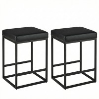  2PCS Square Bar Stool Set with PU Leather Cushion 24"Counter & Bar Height Heavy-Duty Metal Frame, Footrest, Non-Slip Feet for Kitchen Island, Bar, Dining