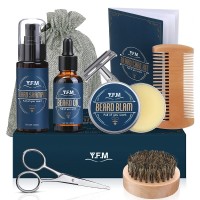 8 in 1 Beard Grooming Kit with Beard Shampoo, Growth Oil, Beard Balm, Wood Comb, Brush, Scissors, Razor, Storage Bag