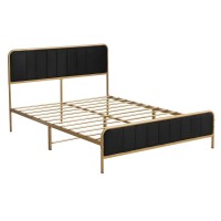King Size Metal Bed Frame with Upholstered Headboard & FootboardGold Iron Platform Bed with Black Velvet Panels, No Box Spring Needed, Modern Noise-Free Design Model HOS-UP-054
