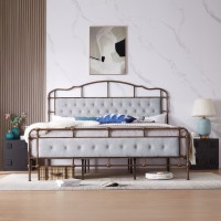 King Size Metal Bed Frame with Boucle Fabric Headboard, Wooden Slat Support, No Box Spring Needed (Grey) - W1708127643