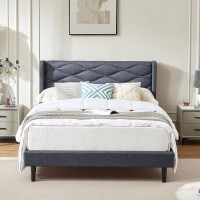 HOTOO Upholstered Platform Bed Frame, Full Size Bed with Wood Frame, Linen Fabric Headboard, No Box Spring Required (Full Size) - LV01-F