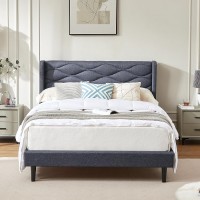 HOTOO Upholstered Platform Bed Frame, Queen Size Bed with Wood Frame, Linen Fabric Headboard, No Box Spring Required (Queen Size) - LV01-Q