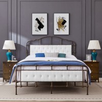 Queen Size Metal Bed Frame with Boucle Fabric Headboard, Wooden Slat Support, No Box Spring Needed (White) - B933-Q002