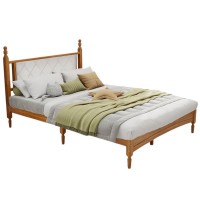 Queen Size Wooden Bed Frame with Fabric Headboard, Rubber Wood Central Supports, 1000 LB Capacity, Easy Assembly, No Box Spring Needed (Rustic Oak) - LION-V-BF003-QB-OAK