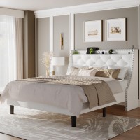 Queen Size Upholstered Bed Frame with Wingback Headboard, Built-in Storage Shelf, AC & USB Charging Ports, Wood Slat Support, No Box Spring Needed, Beige