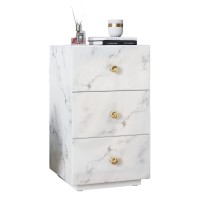Bedside Table, Functional Nightstand with 3 Drawers, White Marble Textured Glass Surface, Metal Handles - INTA009