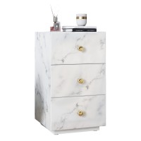 Bedside Table, Functional Nightstand with 3 Drawers, White Marble Textured Glass Surface, Metal Handles - INTA009