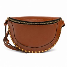 Studded Crescent Crossbody Bag for Women, Adjustable Shoulder Purse with Zip Top Closure, Brown Faux Leather Half Moon Handbag, 28 x 18 x 7 cm, Everyday Travel Shopping Bag Model 389