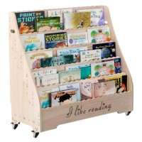 Kids Wooden Book Shelf with Wheels,  Display Shelf with 5 Tiered Front-Facing Compartments, Engraved Panel