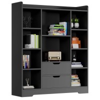 Modern Bookshelf with 2 Storage Drawers & 10 Open Shelves 39" Wide Display Cabinet for Home Office Living Room Adjustable Compartments, CARB-Certified Wood, Black 47" Tall Bookcase Black