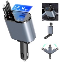 4 in 1 Retractable Car Charger, USB C Car Charger 100W with Dual Retractable Cables, Dual USB Ports, Voltage Display for iPhone, Android  - X004CB2SEZ