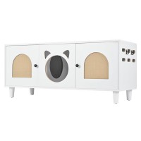 Cat Litter Box Enclosure Furniture, Wood Cat Cabinet Side Table with Sisal Scratcher Doors, Hidden Cat Washroom House with Storage Top and Cat Entry, Cream White, Modern Indoor Use Model N843P252373C