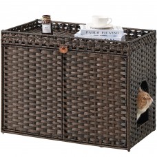  Woven Cat Litter Box Enclosure, Hidden Cat House Furniture with Double-Level Storage Shelf, Side Entrance, Ventilated Design, Indoor Cat Cabinet for Small to Large Cats