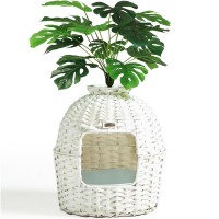 KUREEISE Cat Litter Box, Handwoven Rattan Cat House Enclosure with Artificial Plants, Enclosed Cat Planter Litter Box (White) - RXKE12-WE