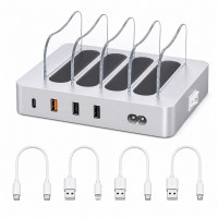 4-Port USB Charging Station, 20W PD, 4 Cables, Silver 4-Port USB Charging Station, 20W PD, 4 Cables, Silver