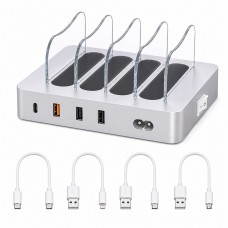 4-Port USB Charging Station, 20W PD, 4 Cables, Silver
