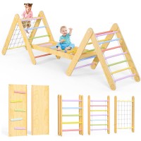 KICKDUCK 7-in-1 Pikler Triangle Set, Foldable Wooden Toddler Climbing Toy Set with Ramp, Climbing Rope, Ladder for Kids, Indoor, Playground - AA0401