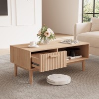 Modern Solid Wood Coffee Table with Drawer and Open Storage Shelf, Farmhouse Style Center Table for Living Room, Natural Oak Finish, 100×50×43 cm – 180 lbs Capacity