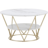 Round Coffee Table, 80 x 45 cm White Gold Faux Marble Table with 2 Tier Storage for Home, Living Room (White Gold)