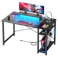 Computer Desk, 40" inch Reversible Gaming Desk with LED Lights, Monitor Stand, Shelves, Charging Outlets, USB Ports for Home, Office, Bedroom - YHCD-39in