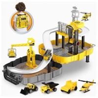 Construction Backpack Toy Set, Construction Truck Race Track with 3 Trucks, Helicopter for Children, Kids - PB66-A