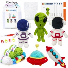 DIY Crochet Kit for Kids Space-Themed Beginner Crochet Set with Yarn, Hook, Needles, Stitch Markers, Stuffing, Instructions & Storage Bag Astronaut Alien Rocket UFO Craft Gift