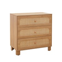 3 Drawer Dresser with Rattan Fronts Wooden Storage Cabinet with Smooth Metal Slides & Stable Base  Compact 27.6” Chest  Bedroom, Nightstand, Small Spaces