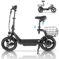 Adult Electric Scooter with Seat, 750W Motor, 14-Inch Pneumatic Tires, Foldable Handlebar, Rear Basket, Front & Rear Disc Brakes, LED Lights, LCD Display, Black Commuter E-Scooter Model P1402