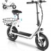 Adult Electric Scooter with Seat, 750W Motor, 14-Inch Pneumatic Tires, Foldable Handlebar, Rear Basket, Front & Rear Disc Brakes, LED Lights, LCD Display, Black Commuter E-Scooter Model P1402