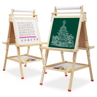 2-in-1 Wooden Adjustable Art Easel Double-Sided Standing Drawing Easel with Paper Roll, Chalkboard & Magnetic Whiteboard for Kids Toddlers