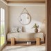 55-Inch Upholstered Entryway Bench, Padded Seat, Beige and Oak