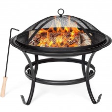 ToyTexx 22" Inch Round Fire Pit with Cover, Outdoor Steel Wood Burning Fire Pit BBQ Grill with Round Mesh Spark Screen Cover - 1380