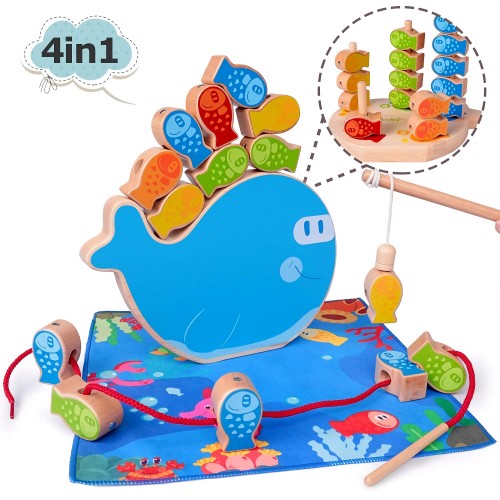 Wooden Magnetic Fishing Toy Montessori Stacking Game and Beaded