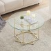 Round Glass Coffee Table, 80 cm Modern Clear Glass Table with Waterproof Tempered Glass, Gold Metal Frame for Home, Living Room, Bedroom - Ruke-CoffeeTable-FWS