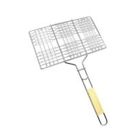 BBQ Grill Basket, Stainless Steel Grilling Rack with Wooden Handle, Locking Wire Mesh Grill Net for Fish, Vegetables, Steak and Outdoor Barbecue, 33.5 x 20 cm