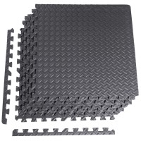 Interlocking Exercise Floor Mats 6-Piece EVA Foam Gym Flooring Tiles with Edge Borders, Textured Anti-Slip Surface, 57.3 cm Black Puzzle Mat for Home Gym & Workout Areas