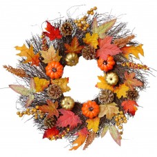 Fall Pumpkin Wreath 50 cm Artificial Autumn Harvest Door Wreath with Maple Leaves, Pumpkins, Berries, Pinecones & Twig Base Halloween Thanksgiving Front Door Wall Décor