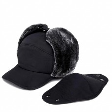 Winter Trapper Hat, Faux Fur Face Cover, Black, One Size