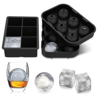 2 Pack Silicone Ice Cube Trays Mold, Round Sphere Ice Ball with Lid & Large Square Ice Cube Mold (Black)