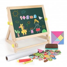 Kids Tabletop Easel with Paper Roll, Double-Sided Whiteboard & Chalkboard with Magnetic Letters & Numbers