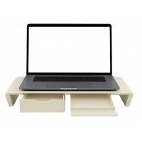 Foldable Monitor Stand with Storage Drawers & Phone Holder, Adjustable Length Computer Riser for Laptop, PC, iMac, Desk Organizer, Space-Saving Desktop Shelf (Beige)