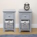 Set of 2 Nightstand, Solid Wood Bedside Table with Drawer and Wicker Basket for Home, Living Room, Bedroom 31 x 28 x 45cm (Grey) - D01-Blue-X